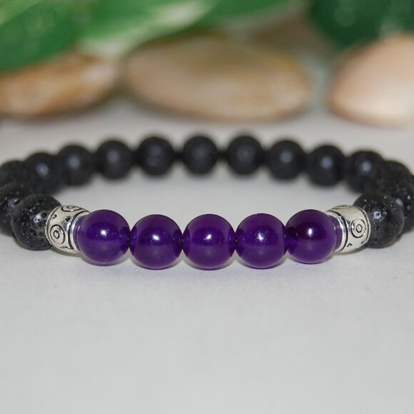 Lava Bracelet,Lava and Amethyst Beads,Black and Purple Bracelet - Picture 1 of 2